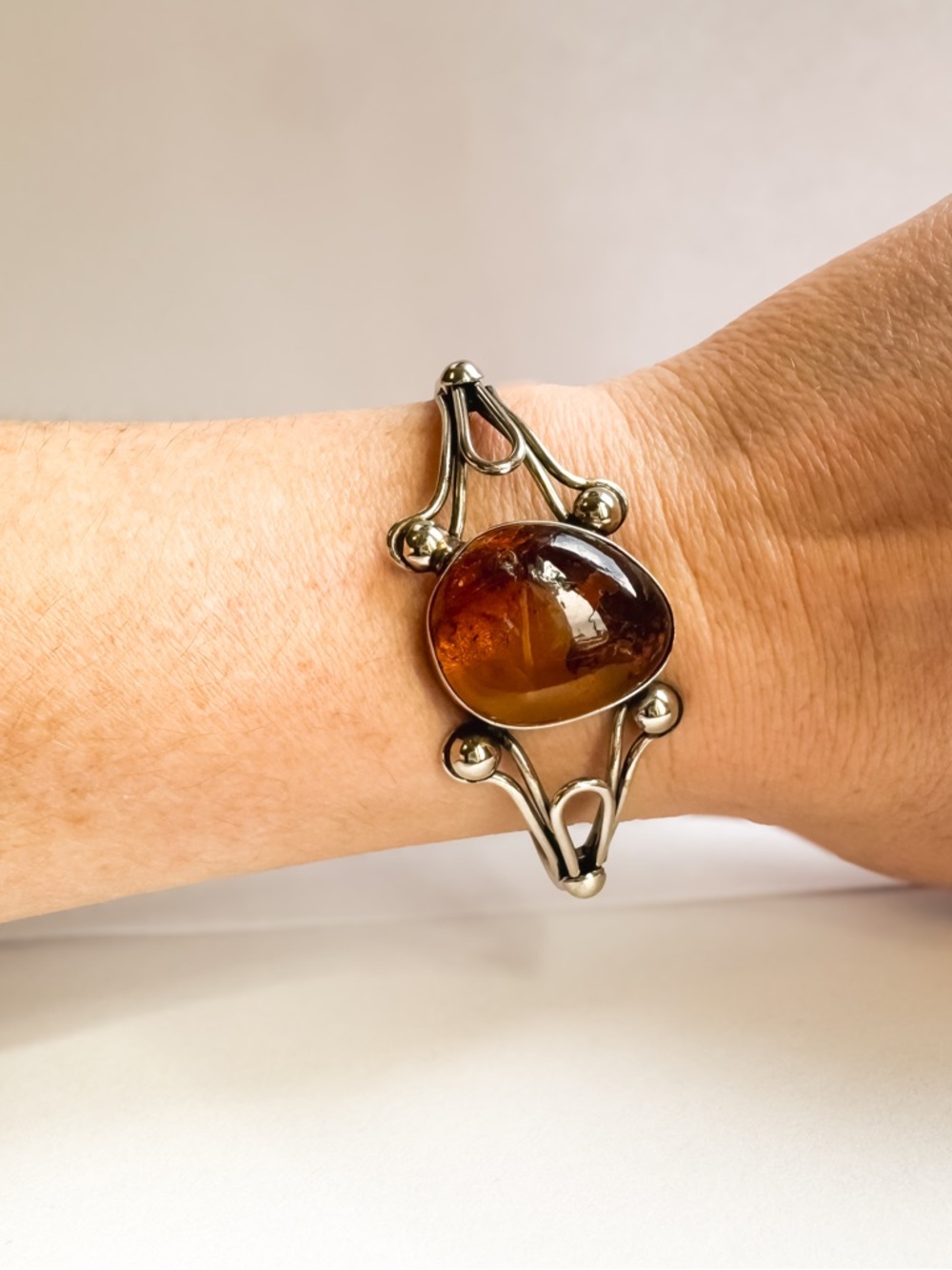 Vintage Silver Cuff Bracelet with Natural Oval Baltic Amber Stone Bezel Setting - Picture 5 of 8